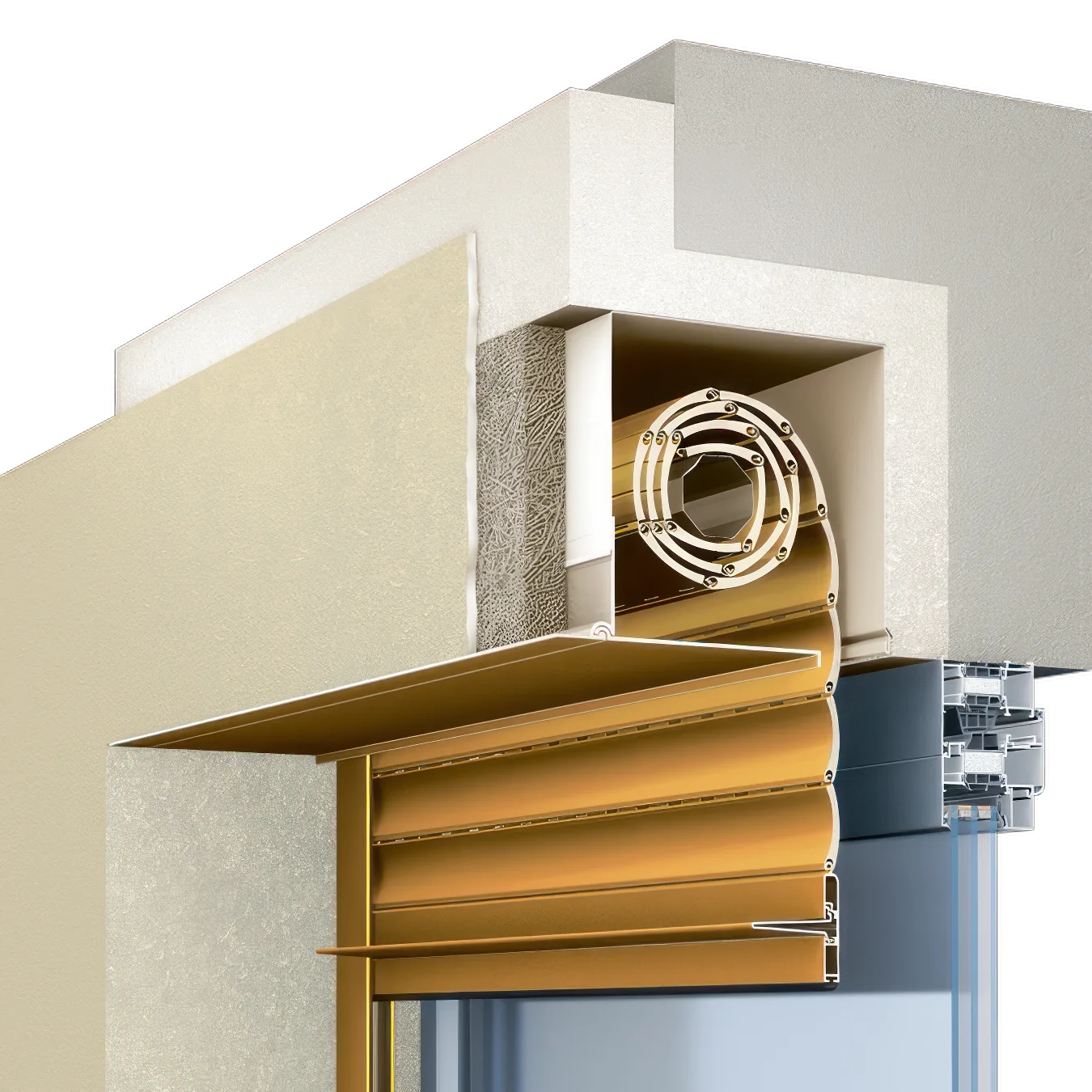 Внутренний встроенный короб для ролллет и рольставней Модель в разрезе встроенного короба для ролллет и рольставней
